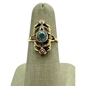 10K Tri-Tone Gold Leaves & Round Blue Stone Ring (19611)